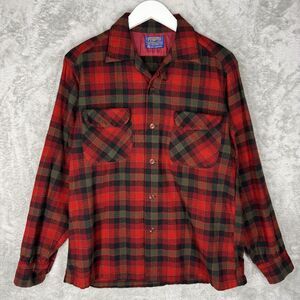 Vtg 70s Pendleton Board Shirt Mends Medium Tartan Plaid Virgin Wool Loop Collar
